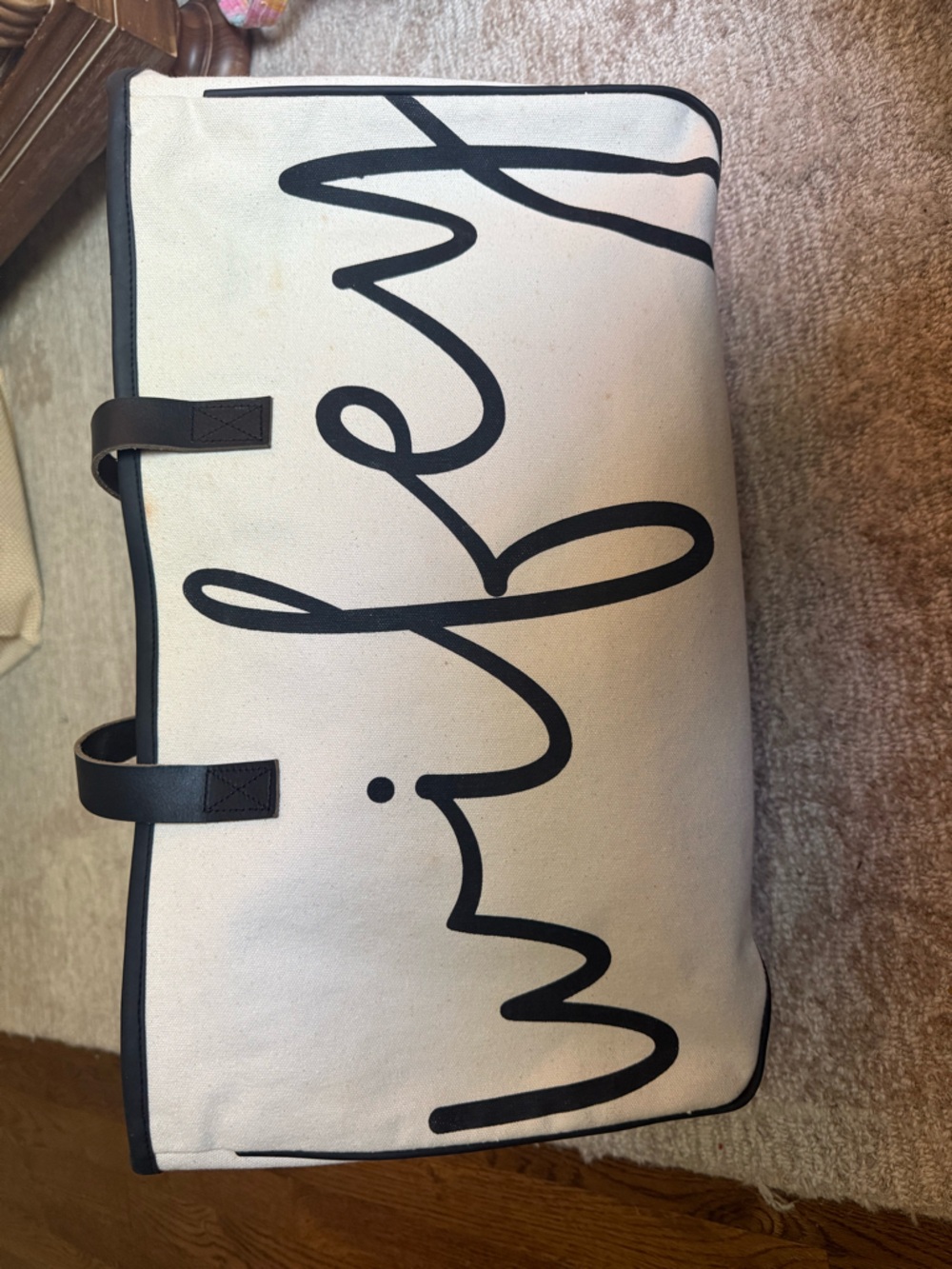 Cream Canvas Tote with Black Script and Trim